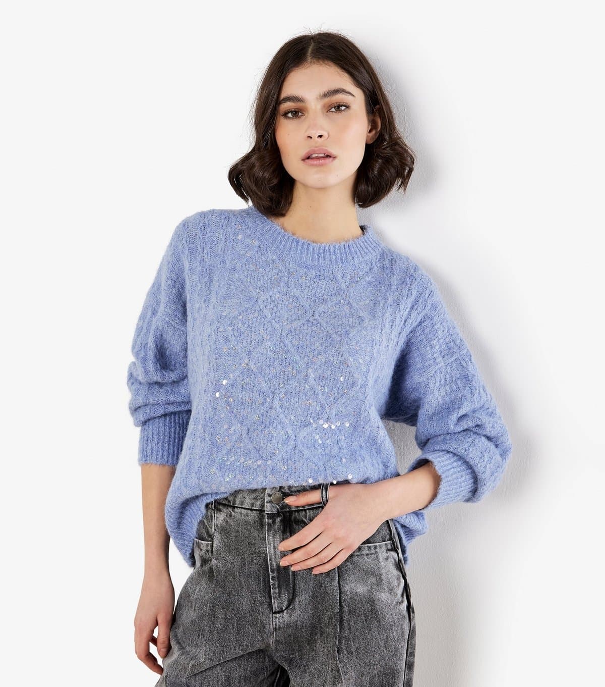 Apricot Women's Pale Blue Cable Knit Sequin Panel Jumper Apricot New Look
