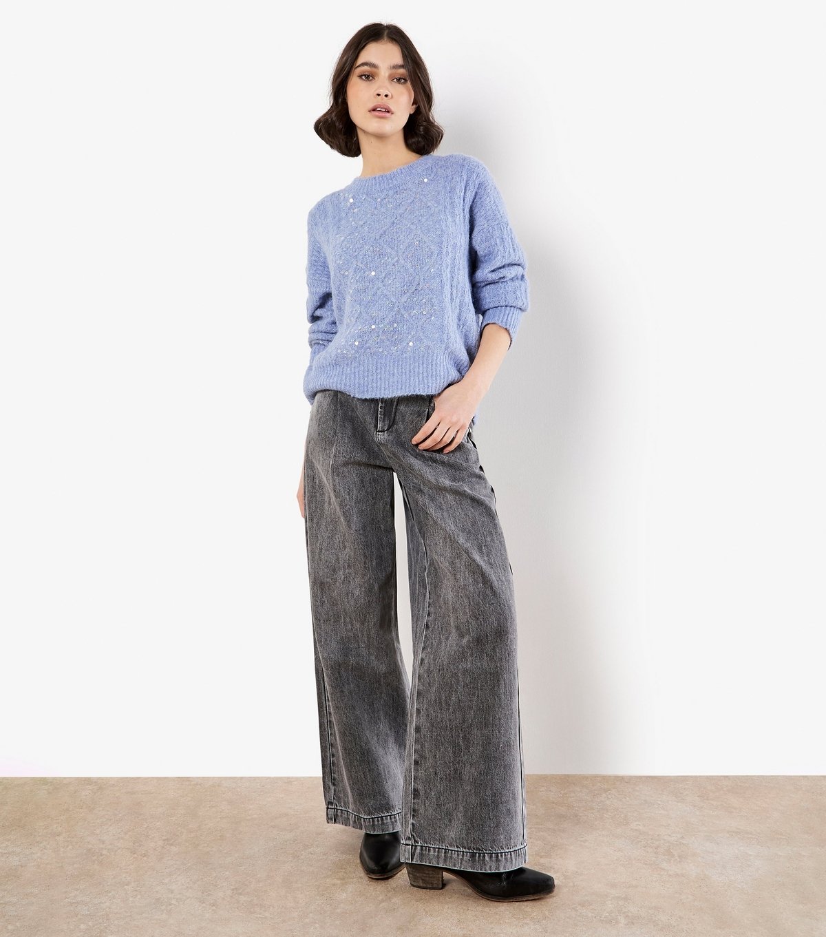 Apricot Women's Pale Blue Cable Knit Sequin Panel Jumper Apricot New Look - 2