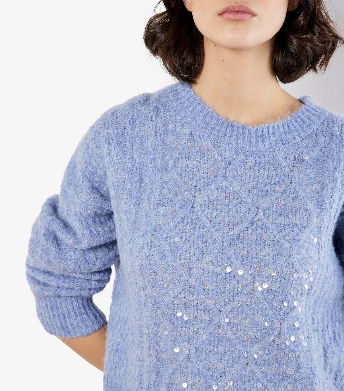 Apricot Women's Pale Blue Cable Knit Sequin Panel Jumper Apricot New Look - 4