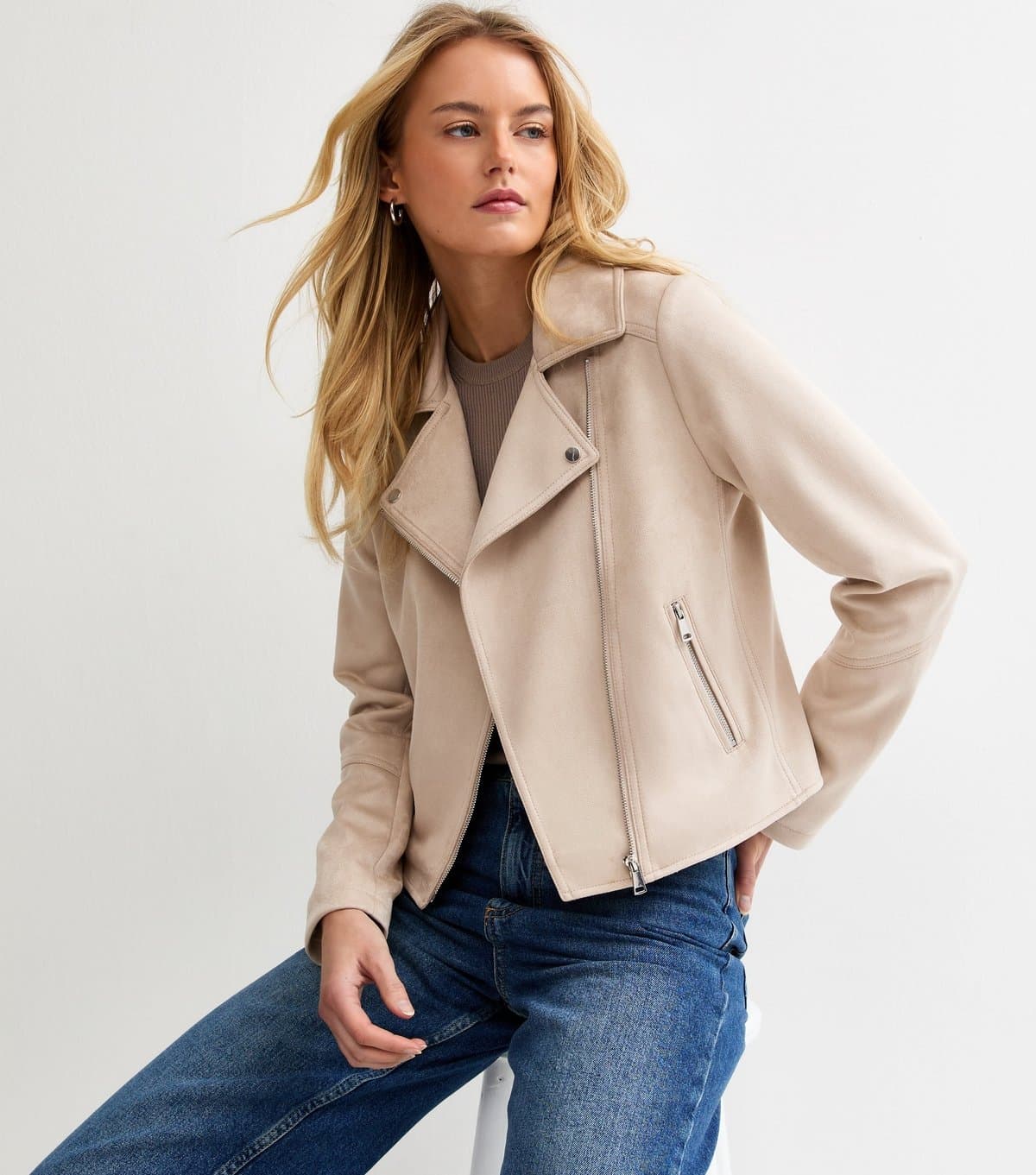 New Look Women's Tall Stone Faux Suede Biker Jacket New Look