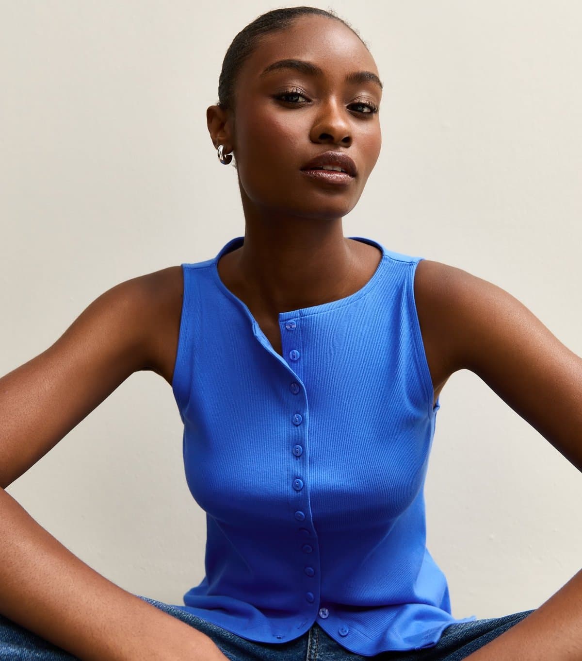 New Look Women's Blue Button Through Tank Top New Look