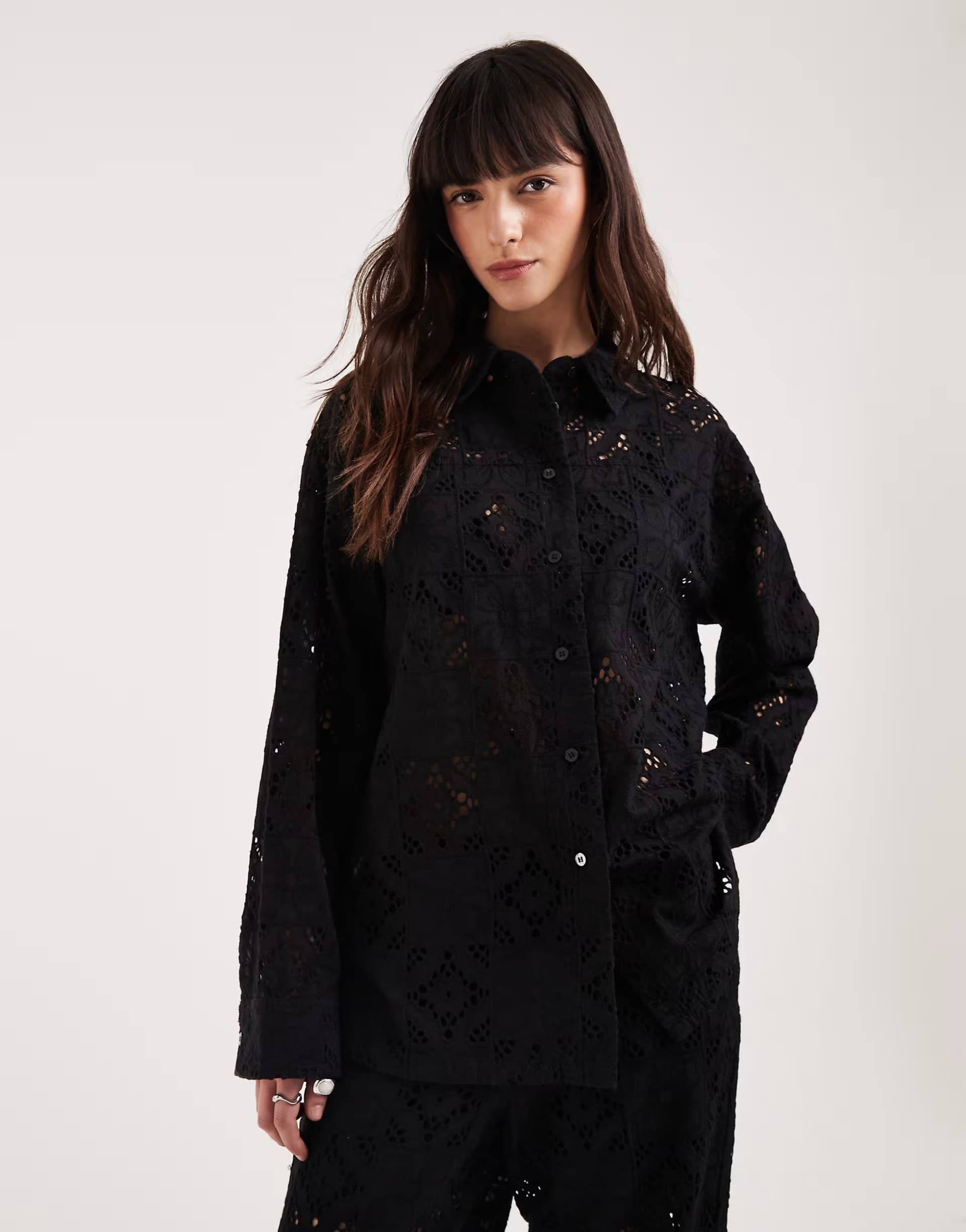 ASOS JJXX co-ord broderie long sleeve shirt in black