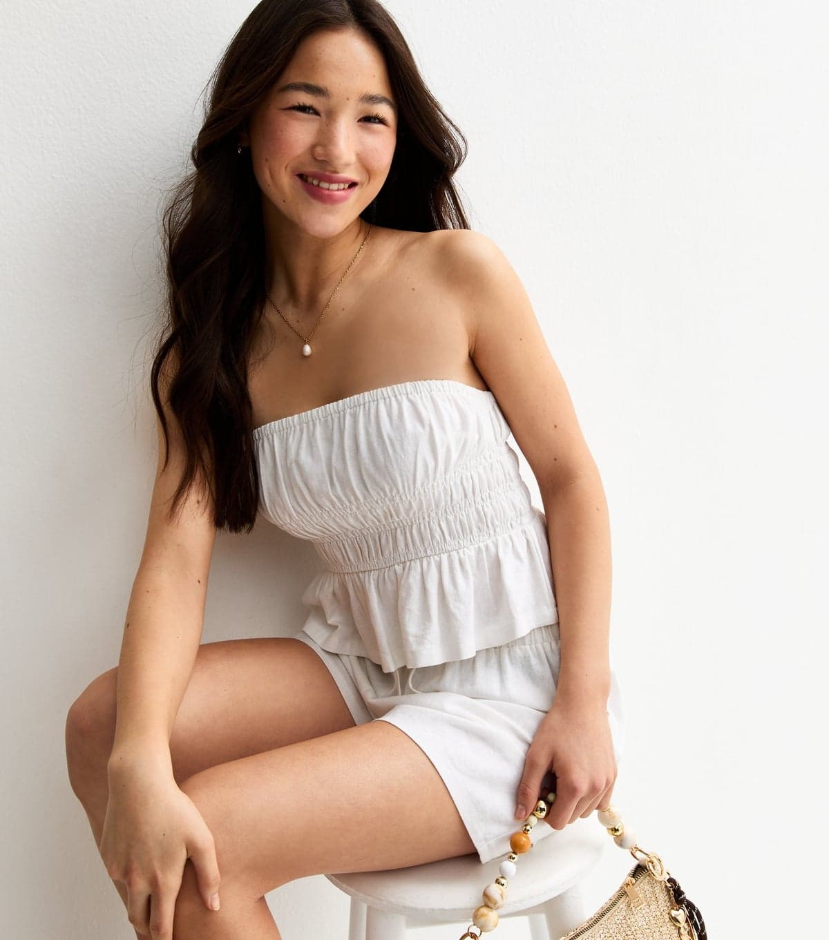 New Look Girls' White Linen Blend Shirred Bandeau Top New Look