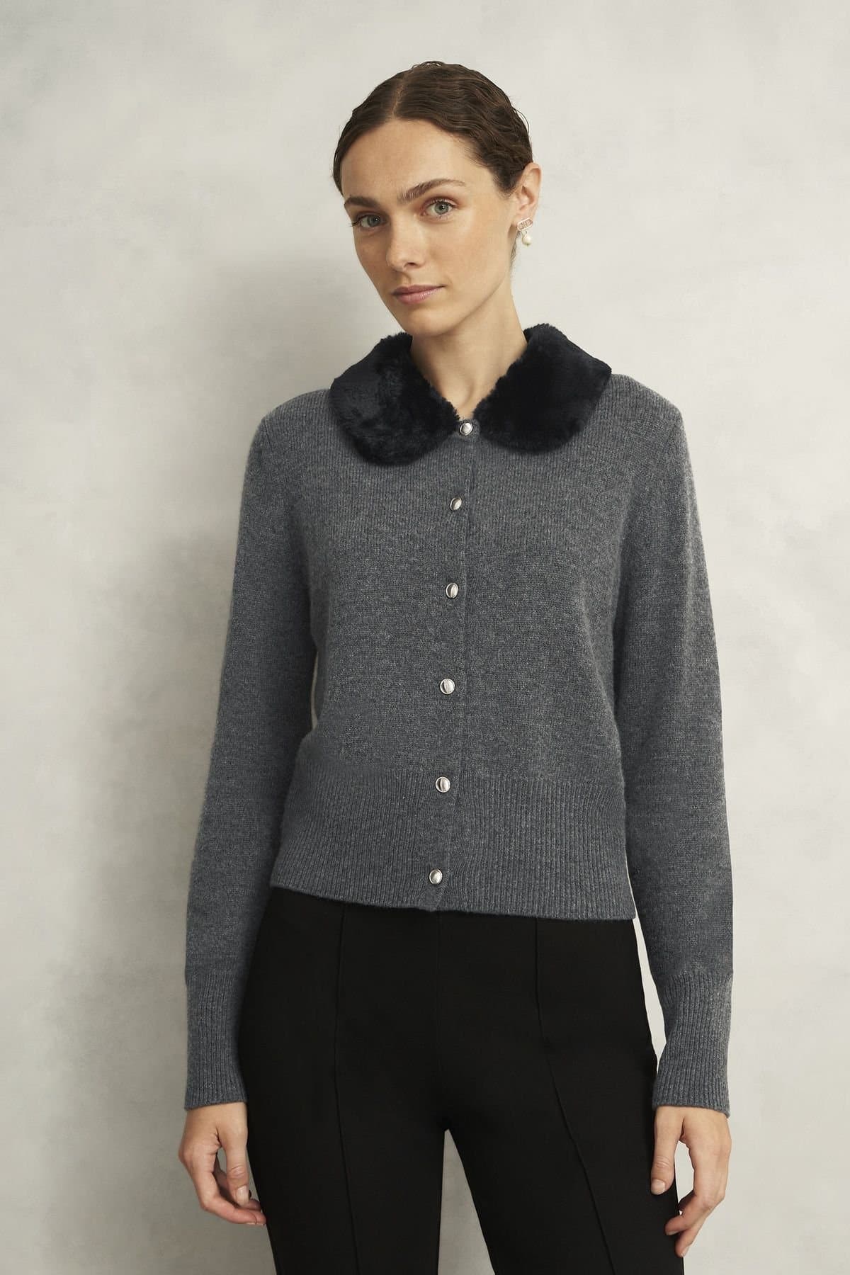 Hobbs London Hobbs London Women's Lulah Faux Fur Collar Cardigan in Dark Grey