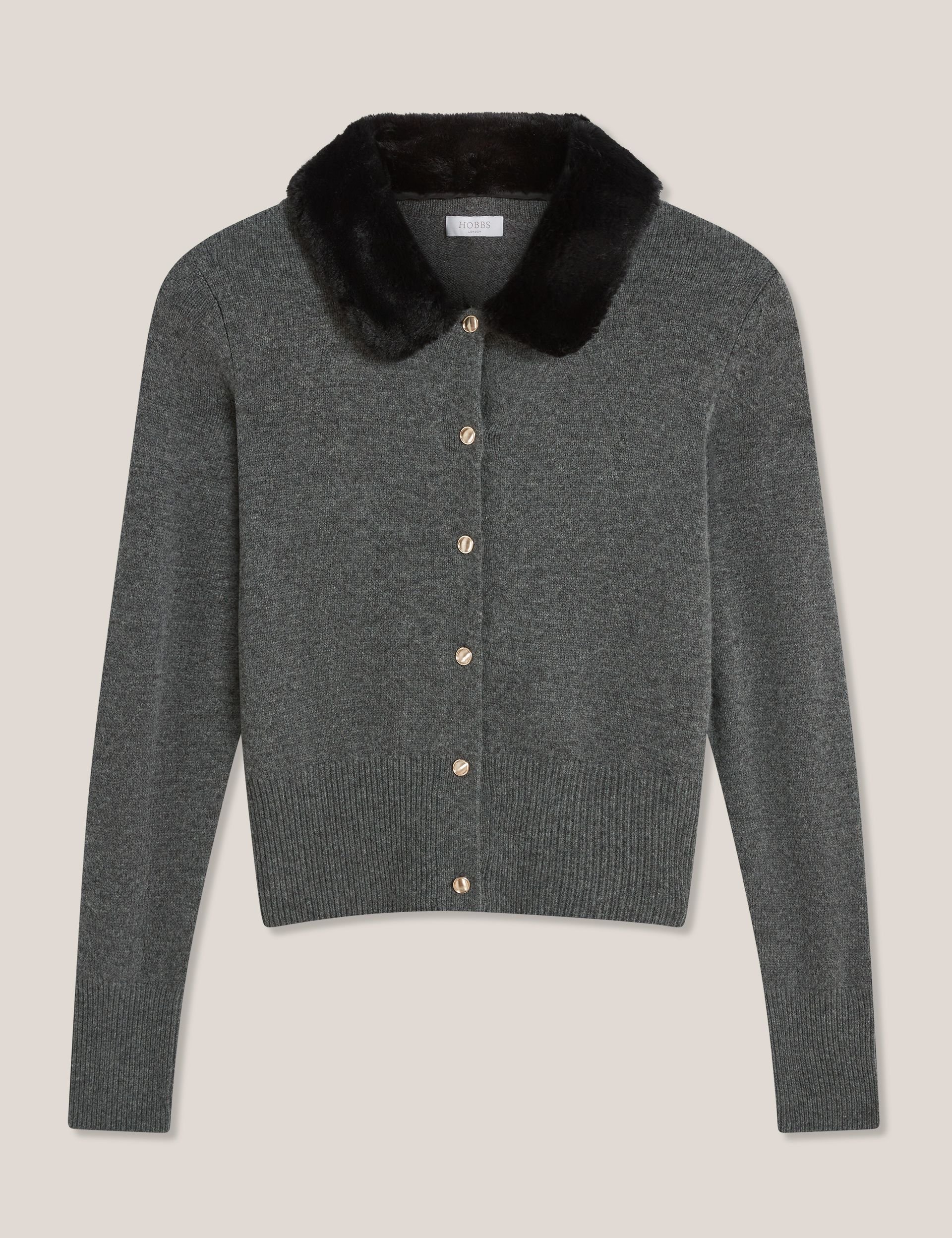 Hobbs London Hobbs London Women's Lulah Faux Fur Collar Cardigan in Dark Grey - 2