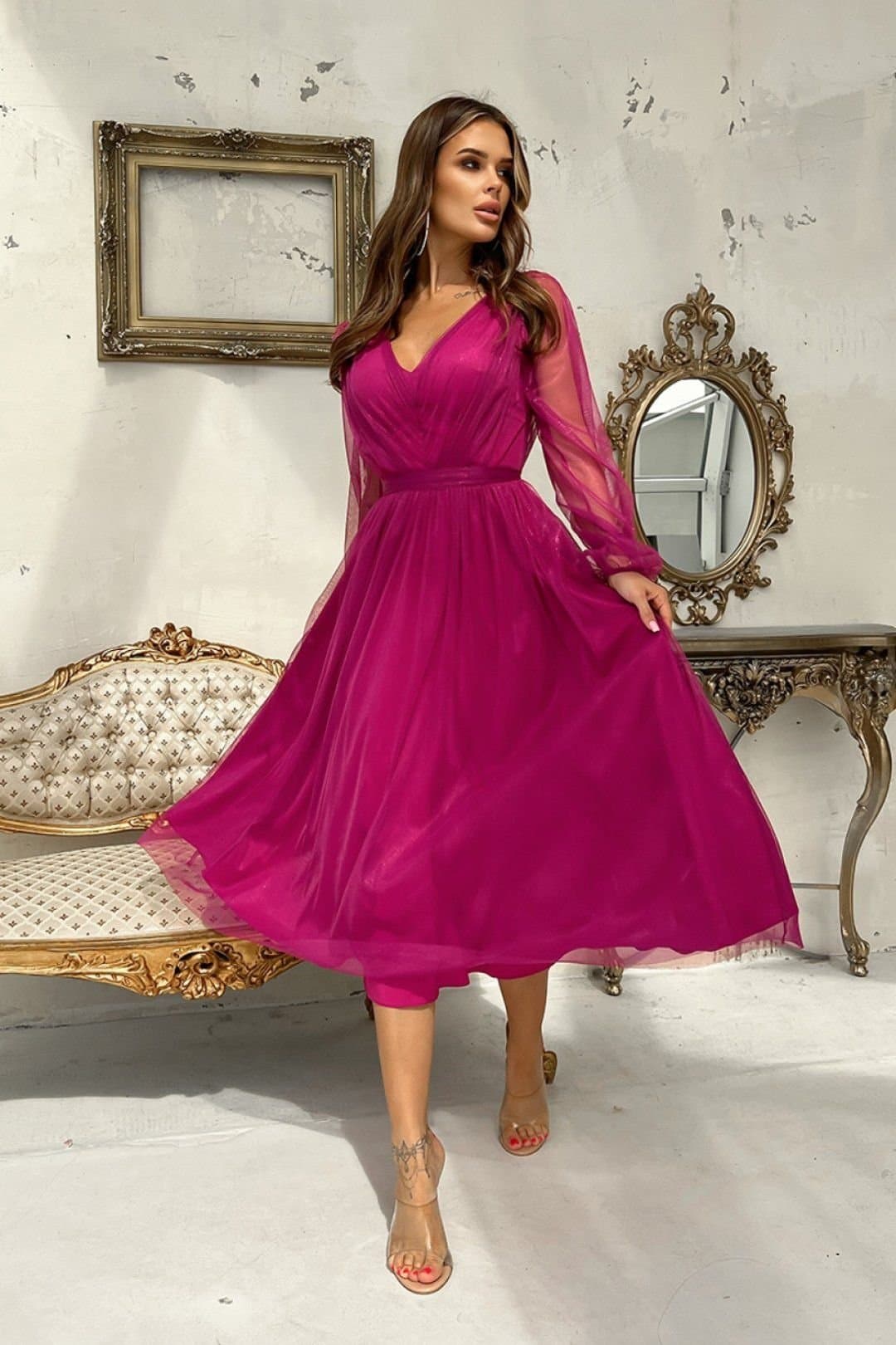 Love Lace Love Lace Women's Evening Midi Crinkled Layered Brocade Mesh Dress in Magenta