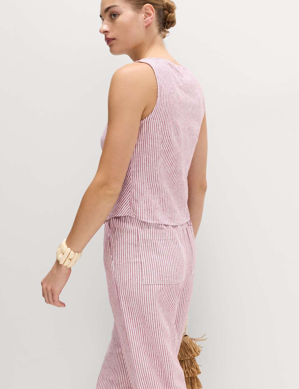 Marks & Spencer M&S Linen Rich Striped Button Through Top Wine Mix - 2