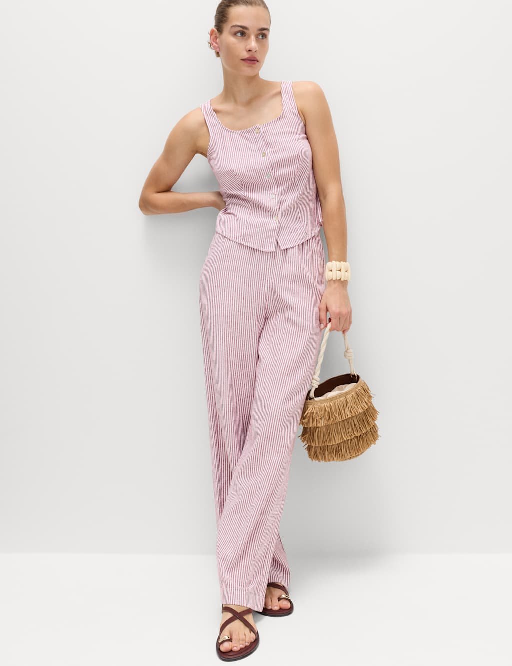 Marks & Spencer M&S Linen Rich Striped Button Through Top Wine Mix - 3