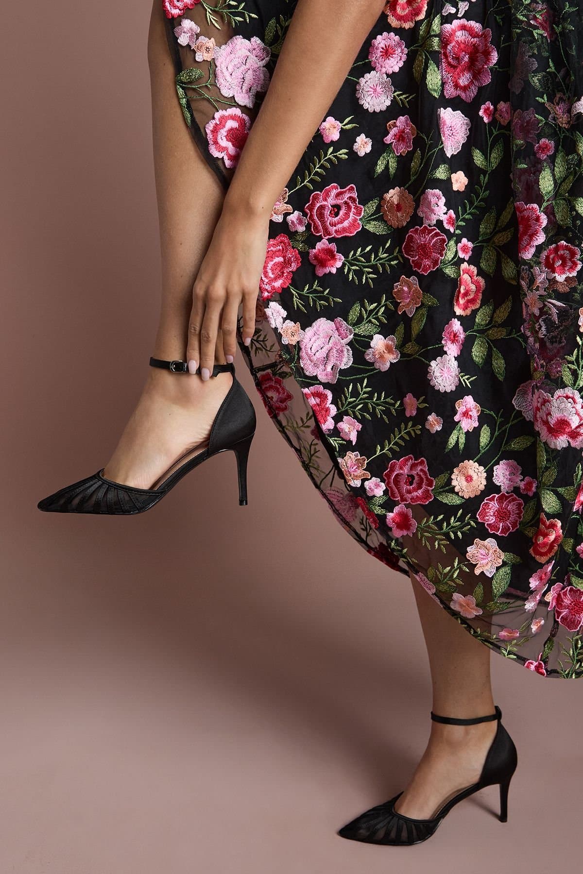 Coast Coast Black Satin Mesh Court Shoes with Stiletto Heel