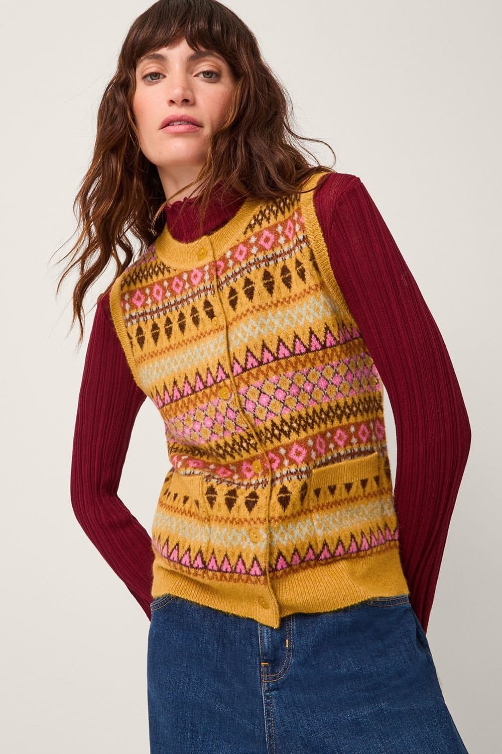 Monsoon Monsoon Women's Fleur Fair Isle Button Knitted Vest Yellow