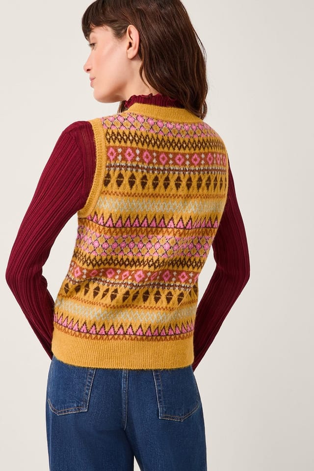 Monsoon Monsoon Women's Fleur Fair Isle Button Knitted Vest Yellow - 2