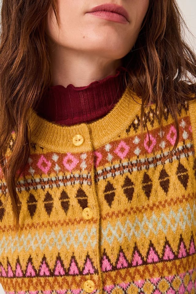 Monsoon Monsoon Women's Fleur Fair Isle Button Knitted Vest Yellow - 3