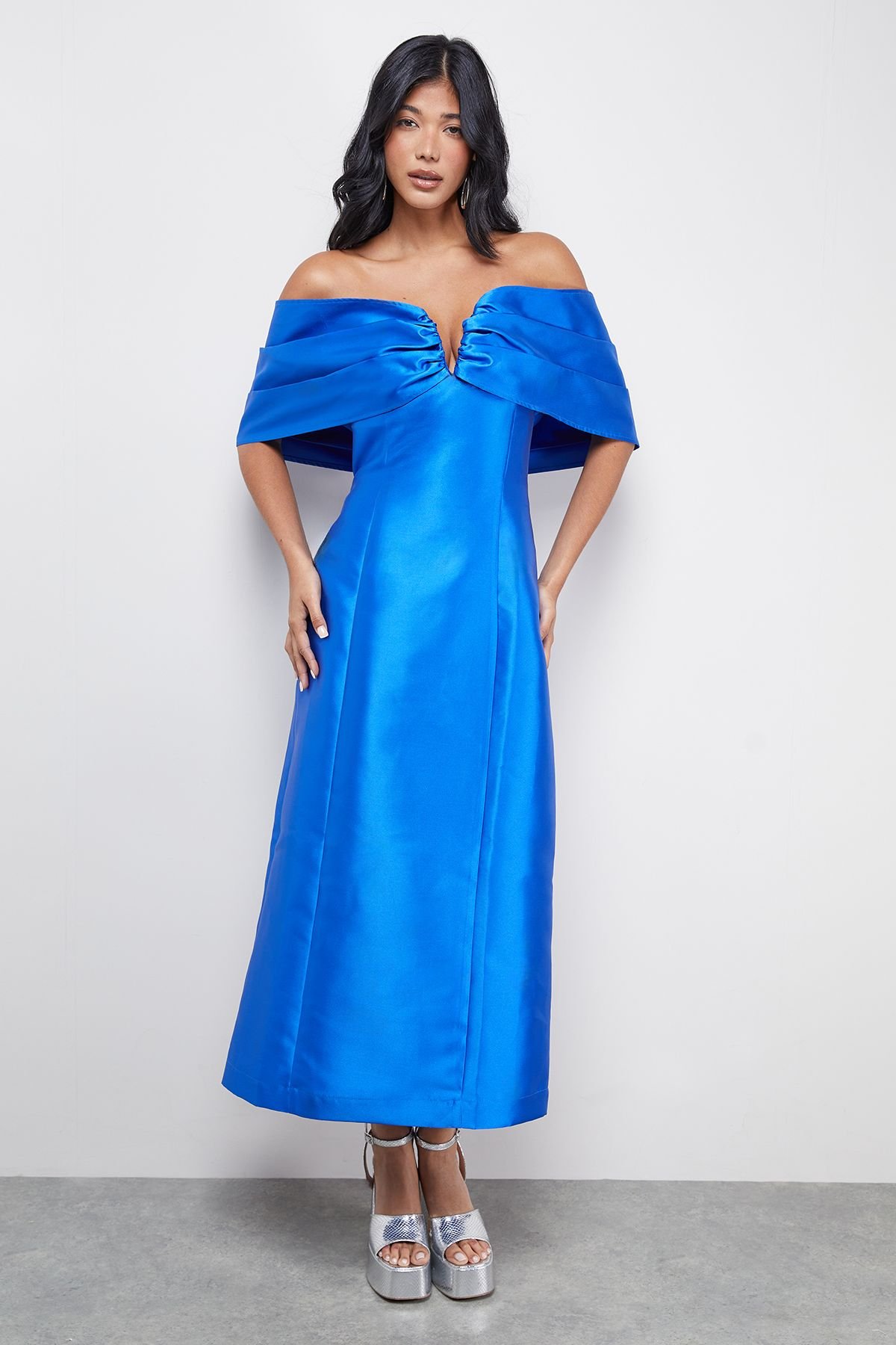 Warehouse Warehouse Women's Satin Twill Notch Front Bardot Midi Dress in Cobalt - 2