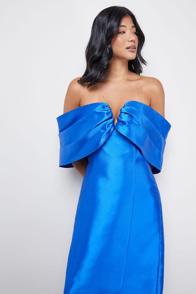 Warehouse Warehouse Women's Satin Twill Notch Front Bardot Midi Dress in Cobalt - 2