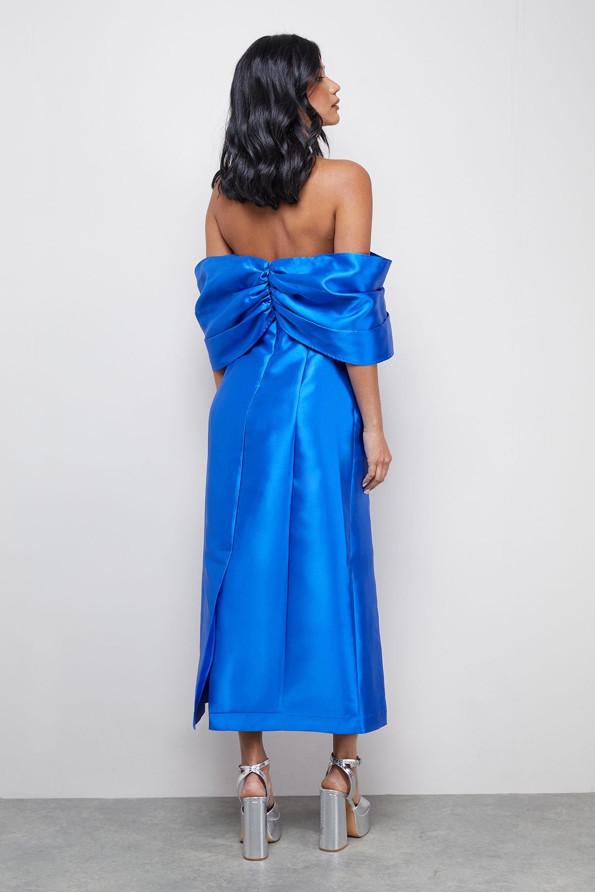 Warehouse Warehouse Women's Satin Twill Notch Front Bardot Midi Dress in Cobalt - 3