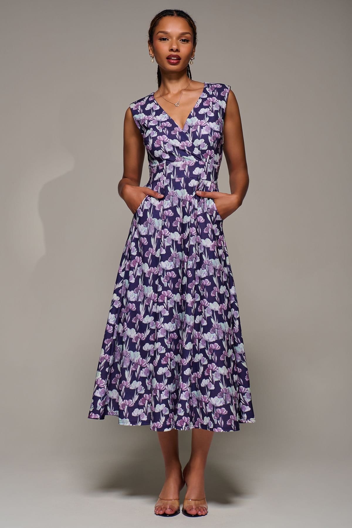 Jolie Moi Jolie Moi Women's V-Neck Fit & Flare Scuba Midaxi Dress in Purple - 4