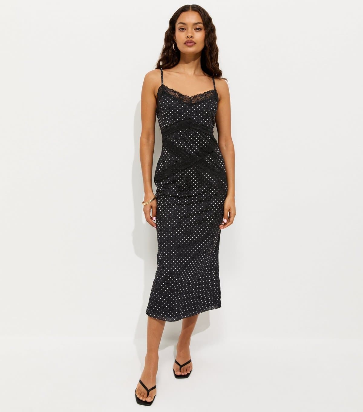 New Look Women's Petite Black Spot Print Lace Trim Mesh Midi Dress New Look