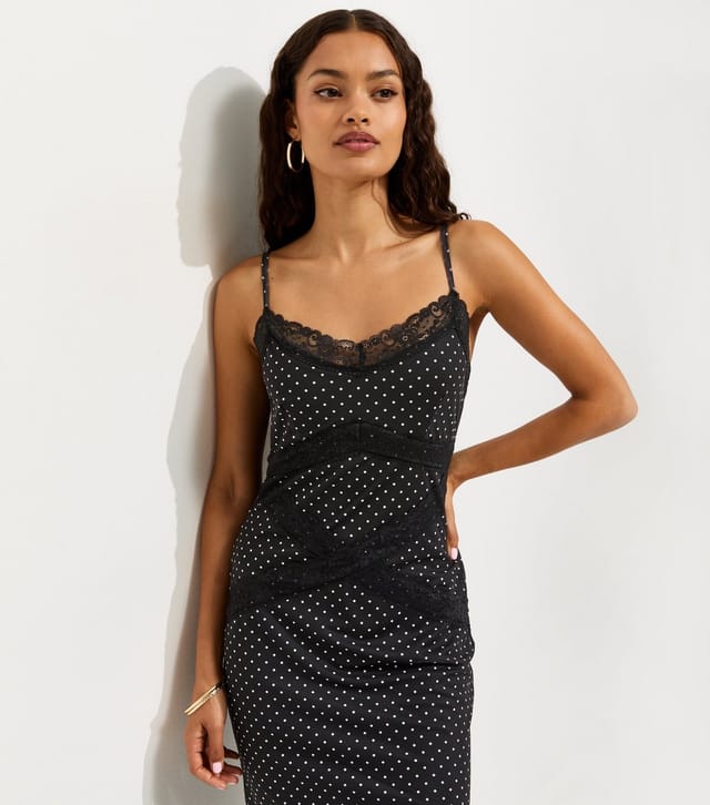 New Look Women's Petite Black Spot Print Lace Trim Mesh Midi Dress New Look - 2