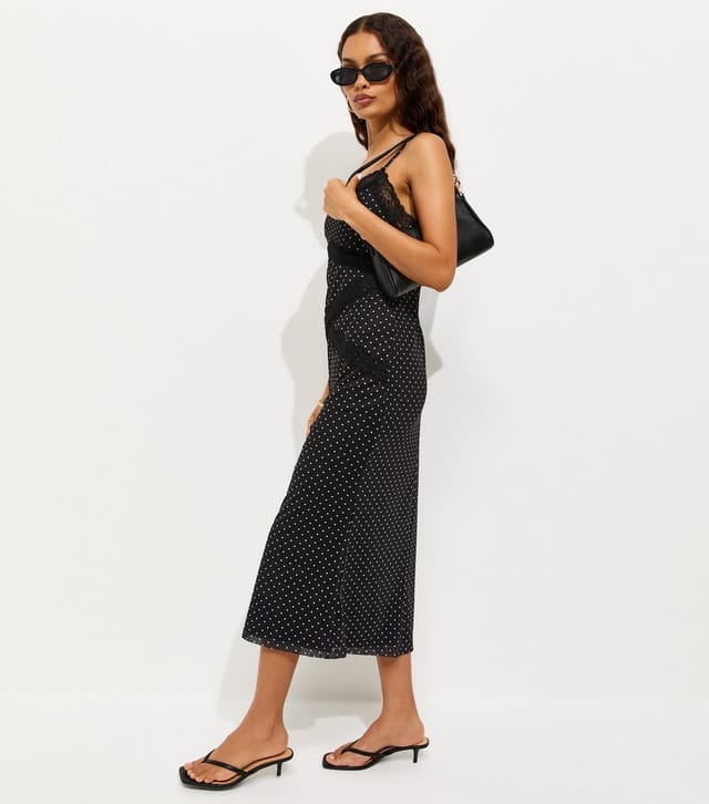 New Look Women's Petite Black Spot Print Lace Trim Mesh Midi Dress New Look - 3