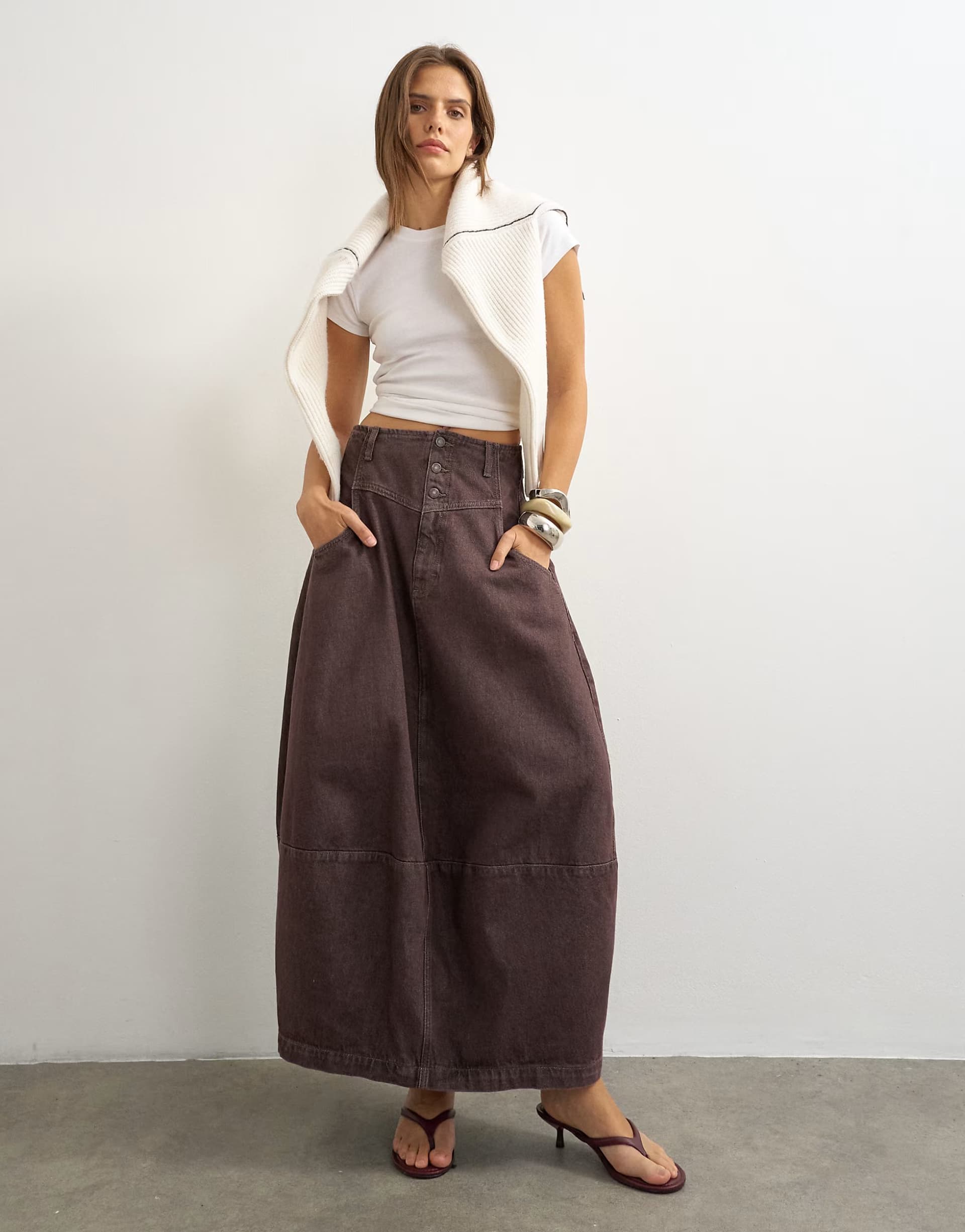ASOS Topshop button front barrel maxi skirt in chocolate