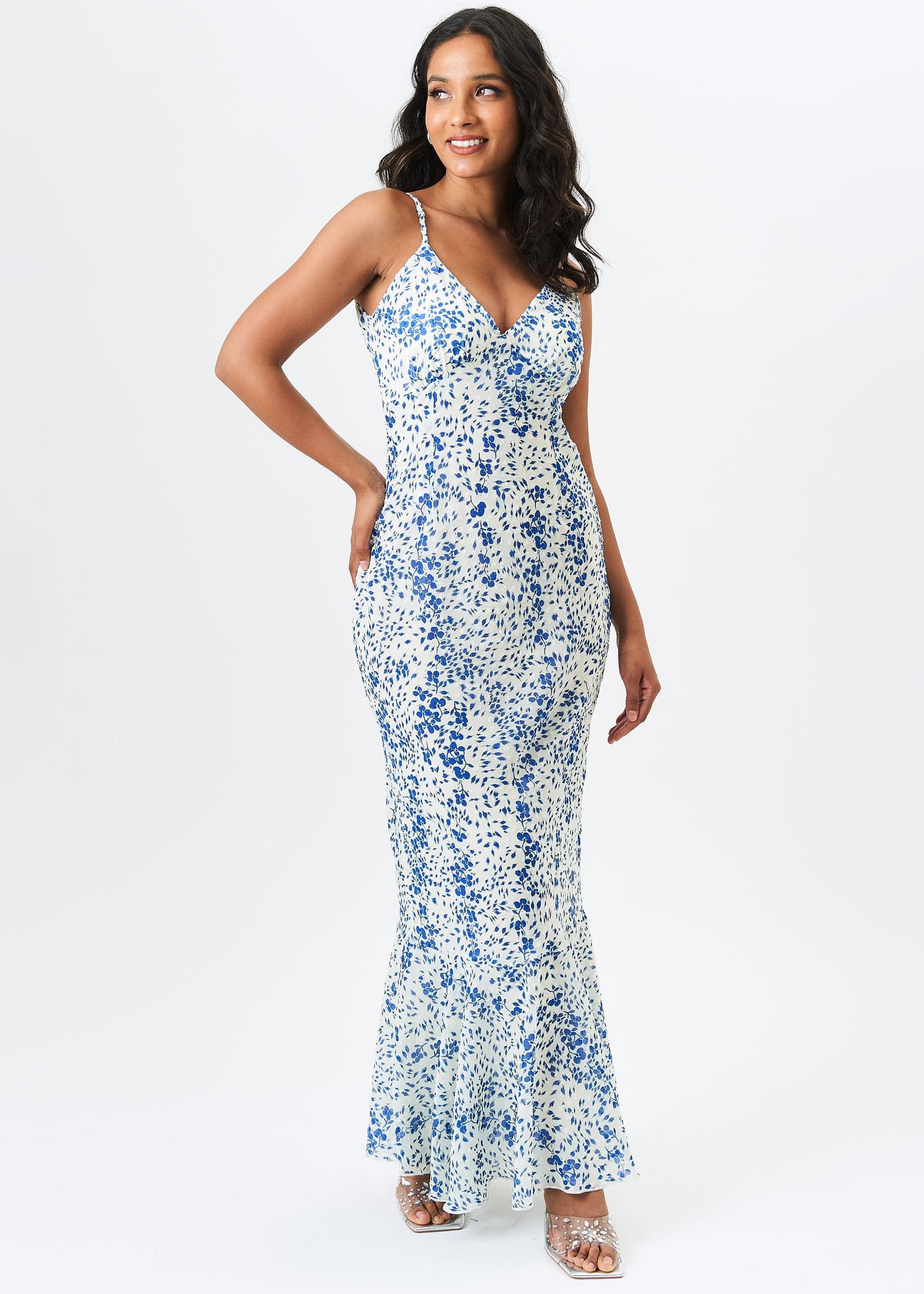 Gini London Gini London Women's Ivory Dobby Floral Chiffon Strappy Maxi Dress