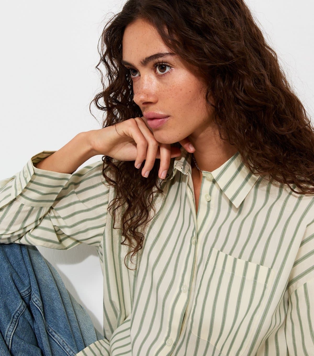 New Look Women's Green Cotton Poplin Striped Long Sleeve Shirt New Look
