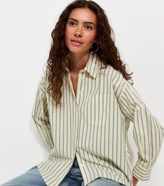 New Look Women's Green Cotton Poplin Striped Long Sleeve Shirt New Look - 2