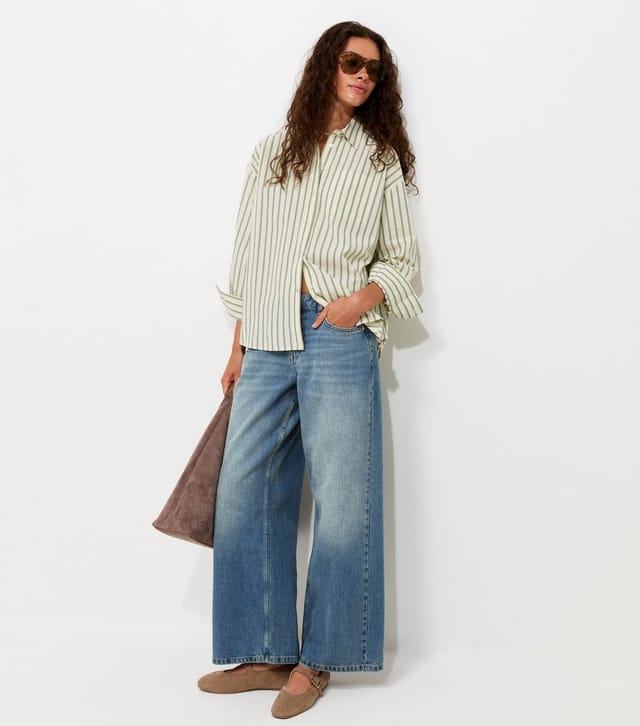 New Look Women's Green Cotton Poplin Striped Long Sleeve Shirt New Look - 3