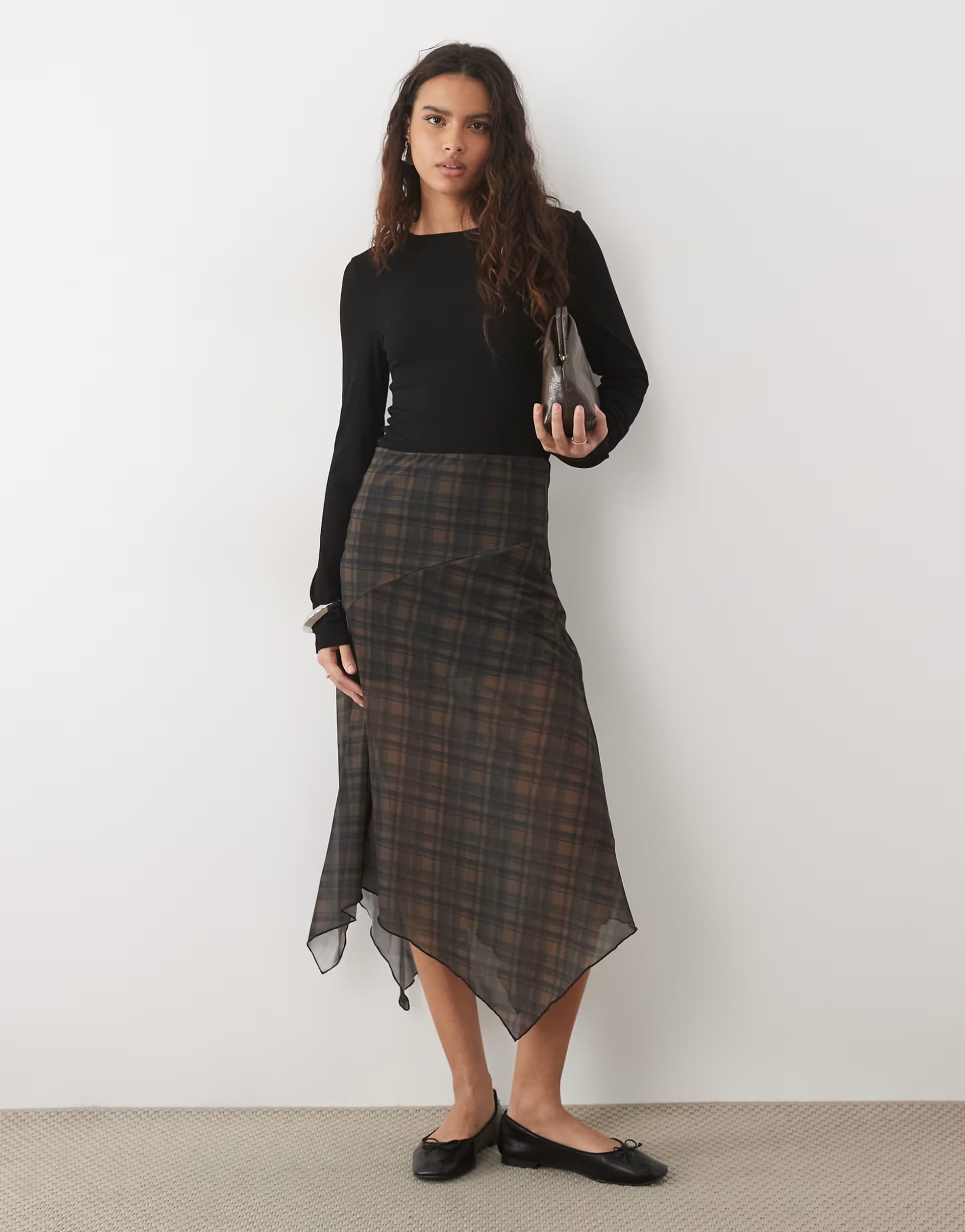 ASOS New Look mesh midi skirt with hanky hem in brown check