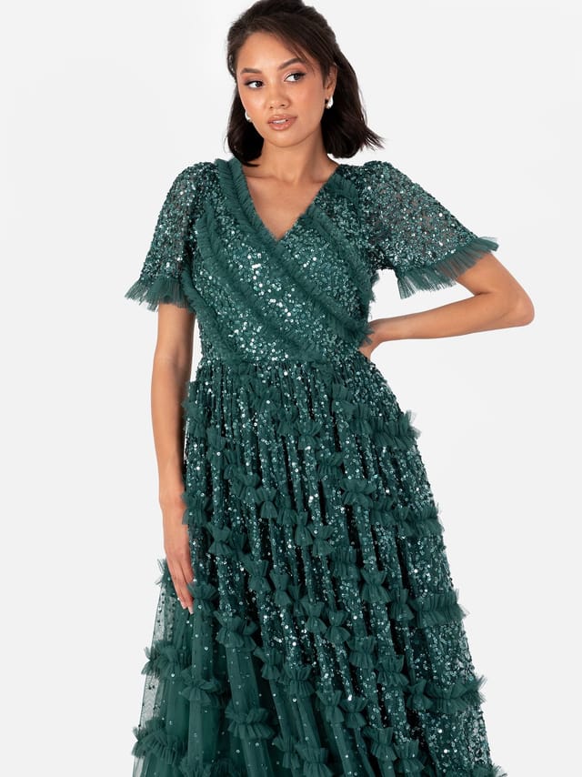 Maya Deluxe Maya Deluxe Women's Embellished Short Sleeve V Neck Maxi Dress in Emerald - 2