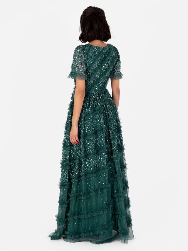 Maya Deluxe Maya Deluxe Women's Embellished Short Sleeve V Neck Maxi Dress in Emerald - 3