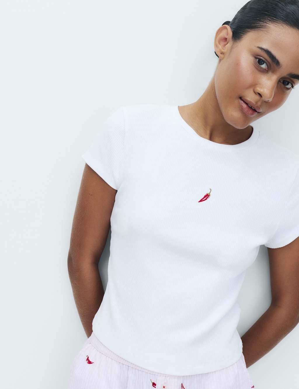 Marks & Spencer M&S Cotton Modal Ribbed Pyjama T-Shirt Red Mix