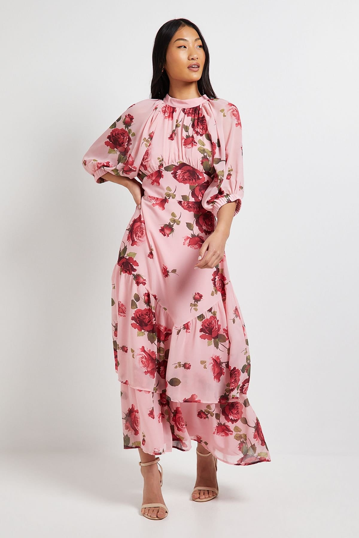 Dorothy Perkins Pink Floral Chiffon Empire Maxi Dress