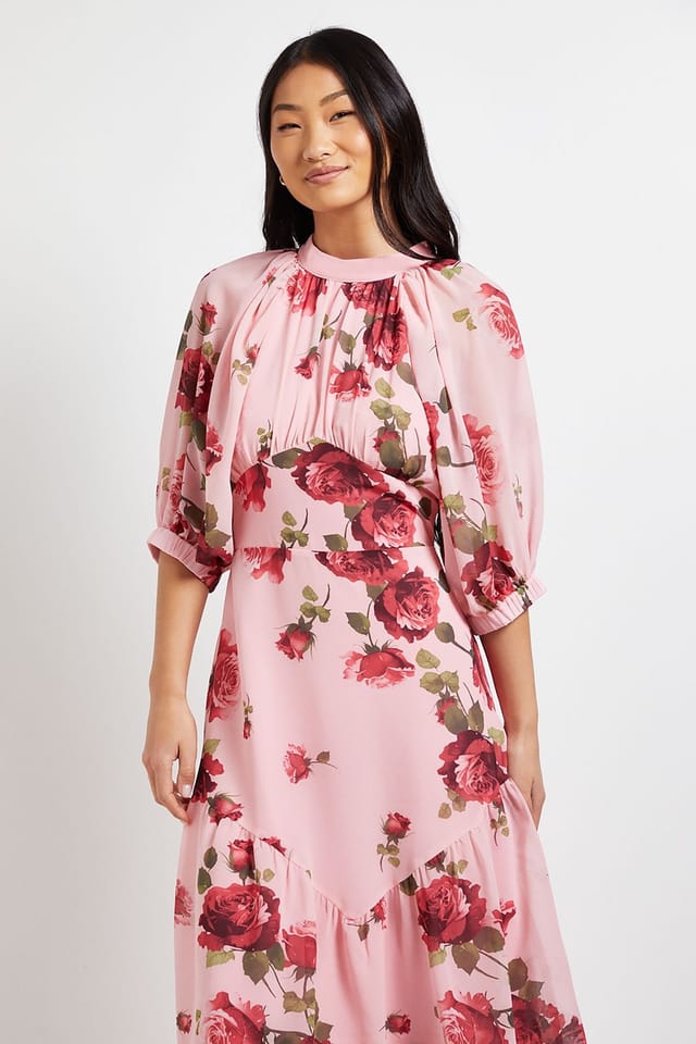 Dorothy Perkins Dorothy Perkins Women's DP Luxe Petite Printed Floral Chiffon Empire Waist Tiered Frill Maxi Dress in Pink - 2