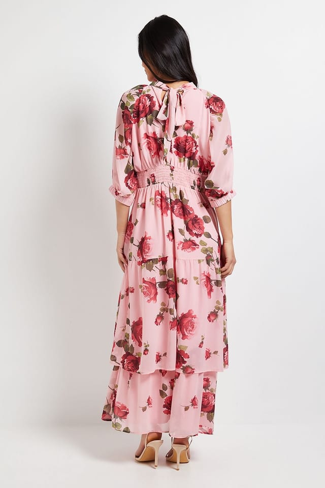 Dorothy Perkins Dorothy Perkins Women's DP Luxe Petite Printed Floral Chiffon Empire Waist Tiered Frill Maxi Dress in Pink - 3
