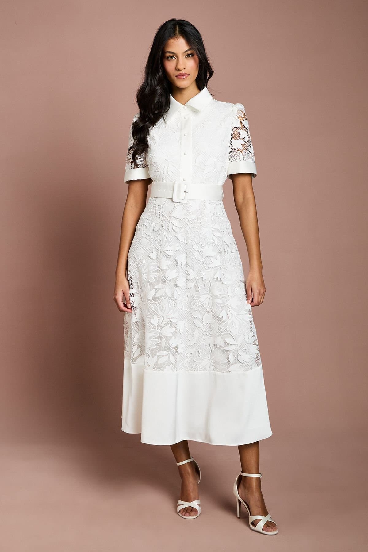 Coast Coast Women's Petite Satin Trim Lace Shirt Midi Dress in White