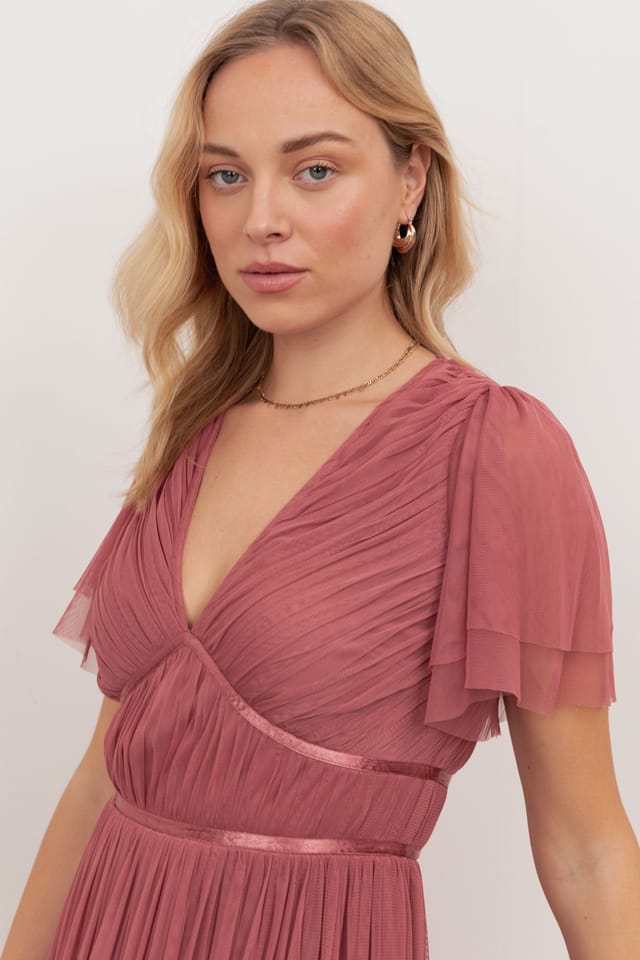 Anaya with Love Anaya with Love Women's Ribbon Detail V Neck Short Sleeve Midi Dress in Pink - 3