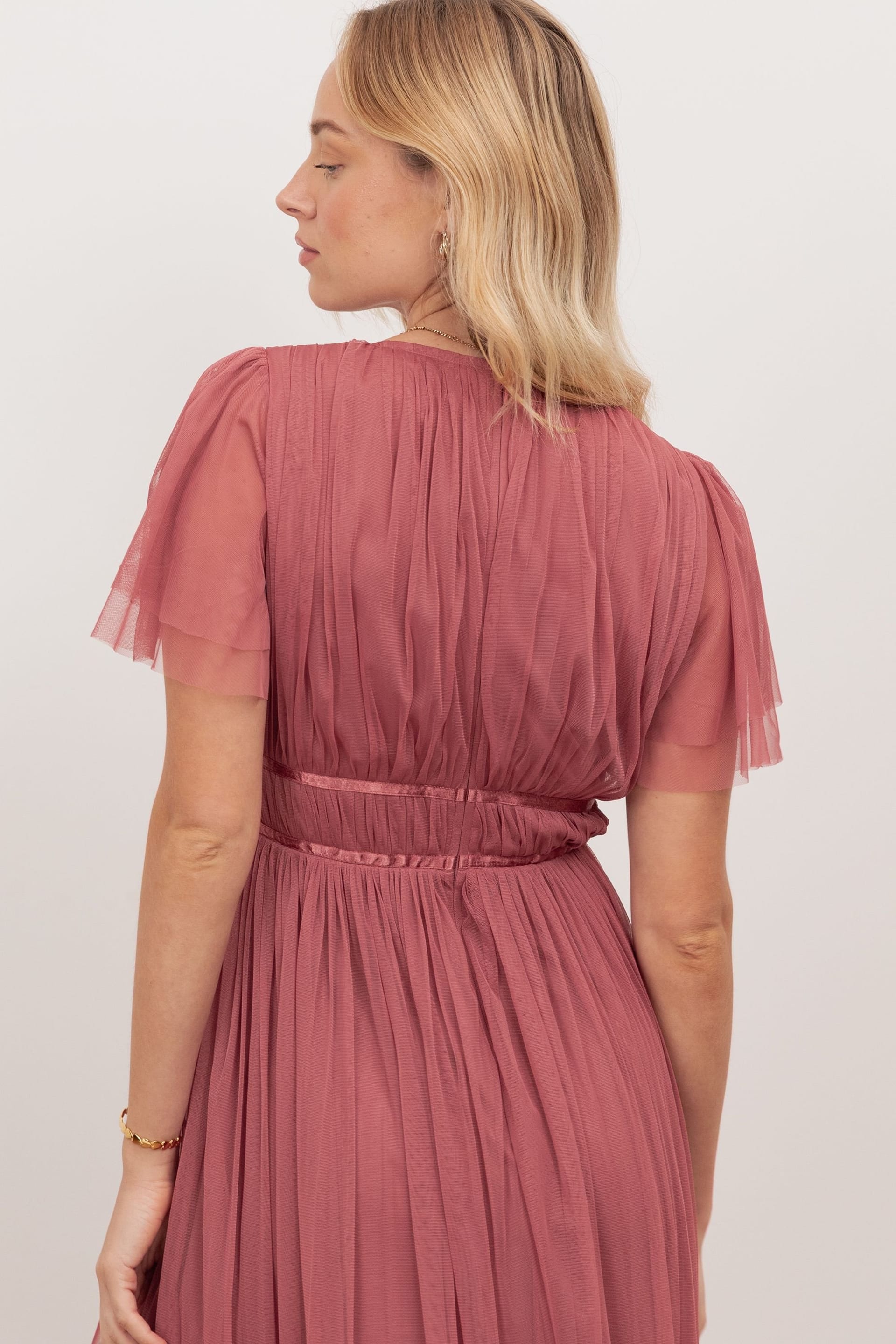 Anaya with Love Anaya with Love Women's Ribbon Detail V Neck Short Sleeve Midi Dress in Pink - 4