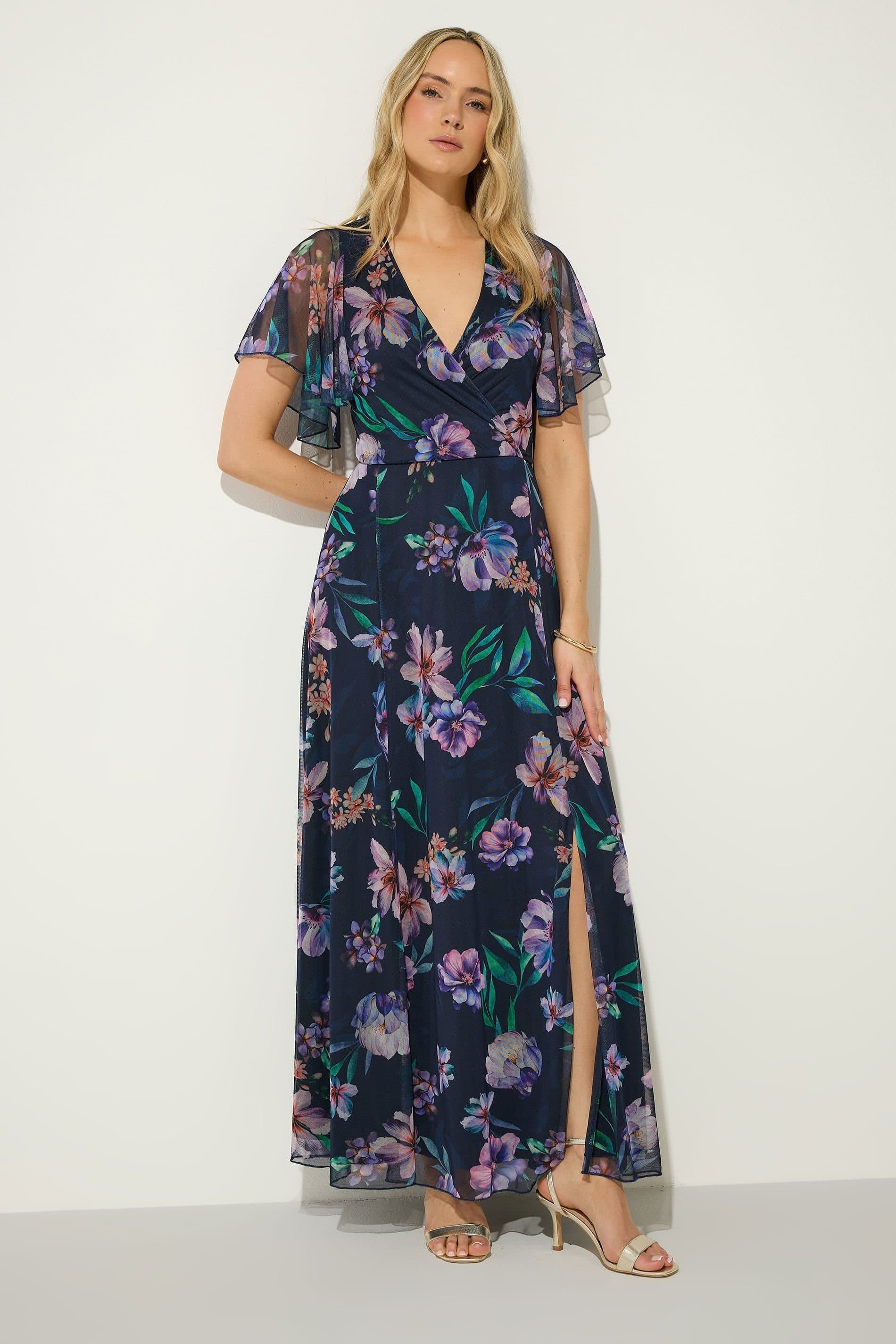 Long Tall Sally Long Tall Sally Women's Tall Floral Mesh Wrap Maxi Dress in Dark Navy