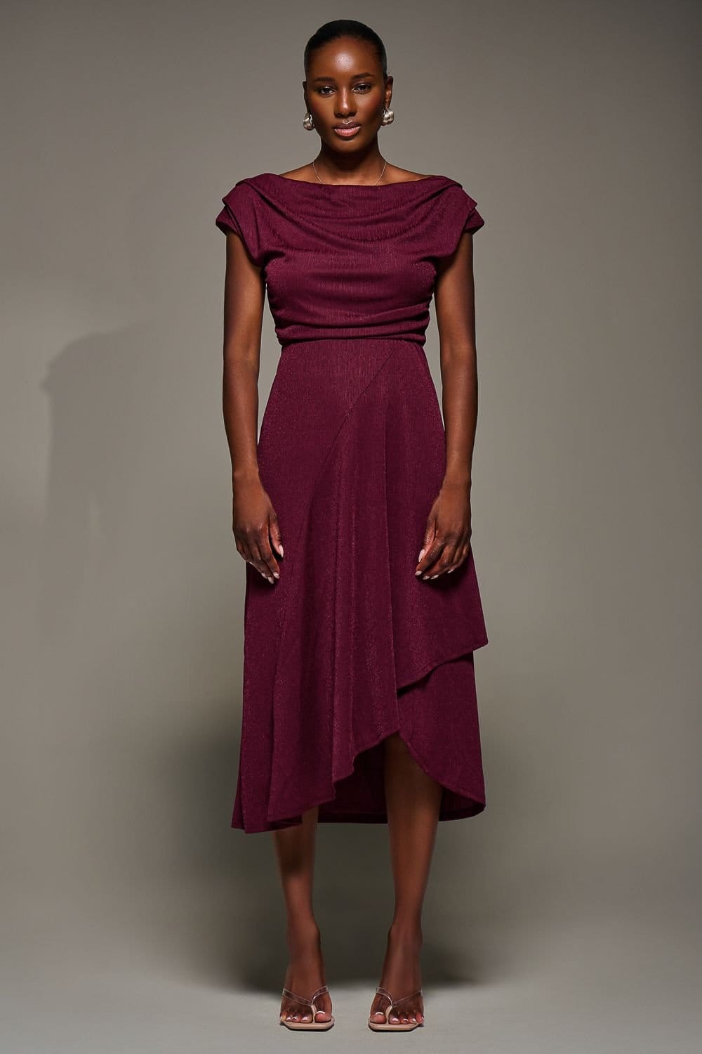 Jolie Moi Jolie Moi Women's Draped Jersey Cowl Neck Midi Dress in Burgundy - 4