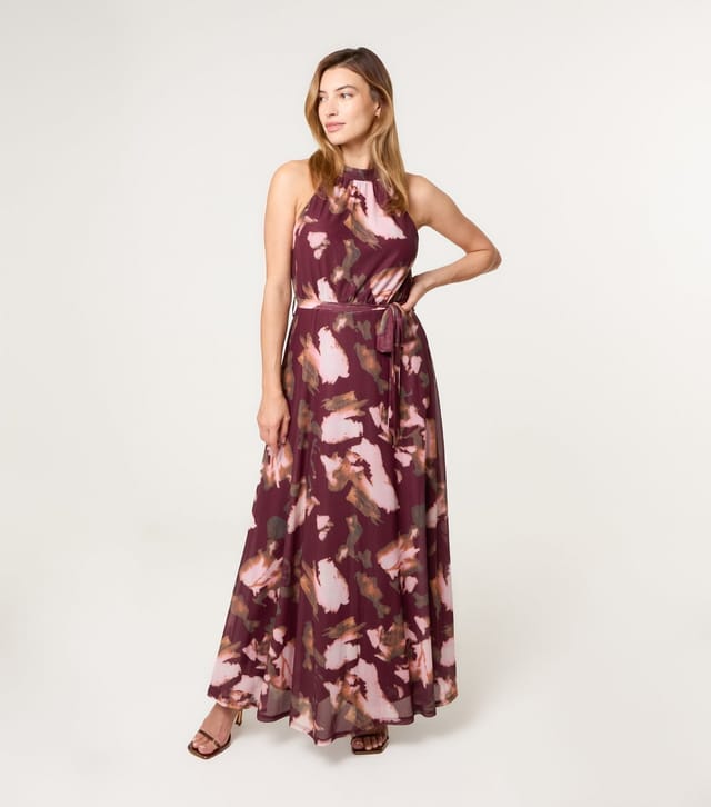 Blue Vanilla Women's Burgundy Floral Print Mesh Halterneck Maxi Dress Blue Vanilla New Look - 3