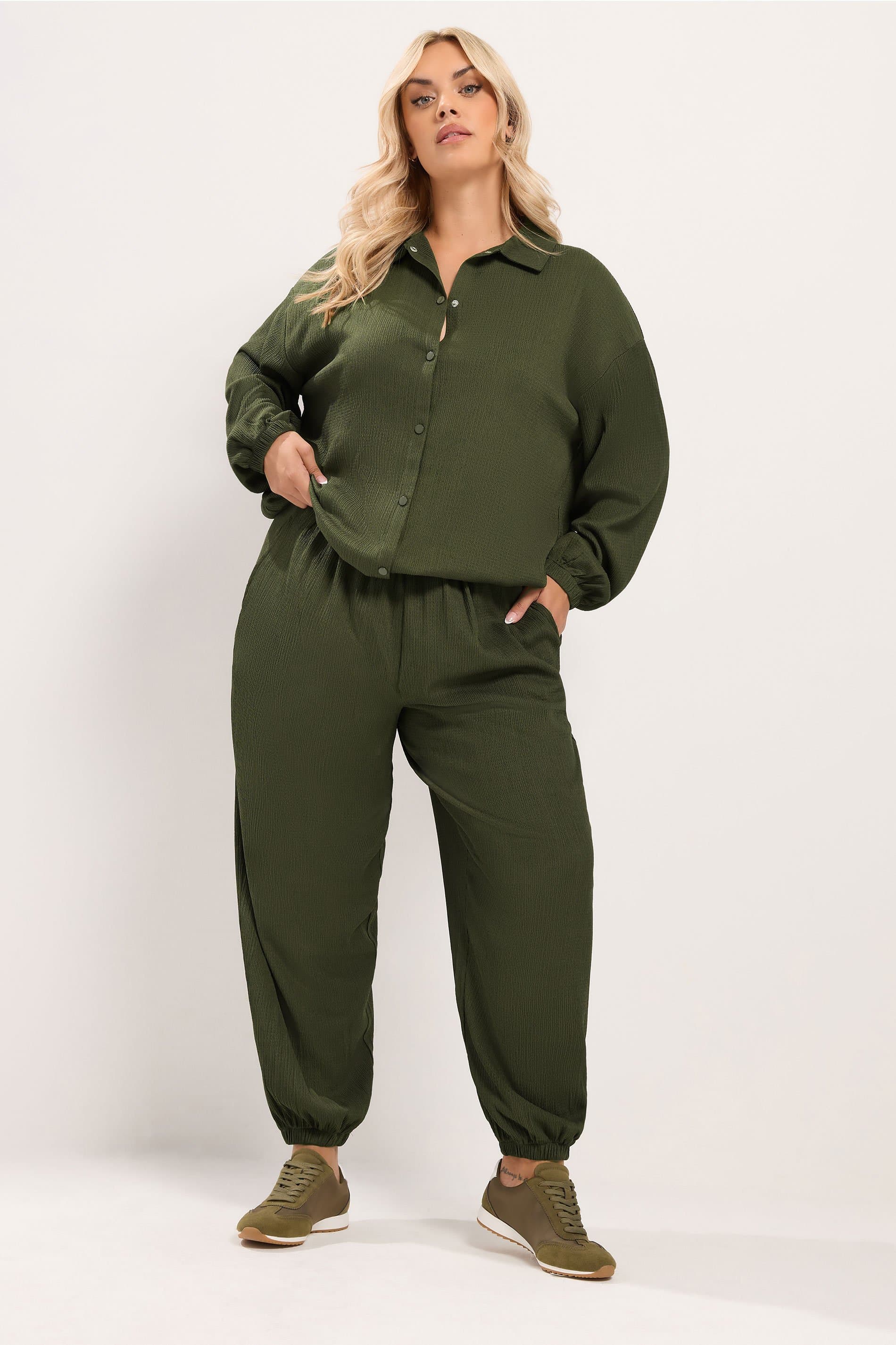 Yours Plus Size Khaki Green Crinkle Balloon Trousers