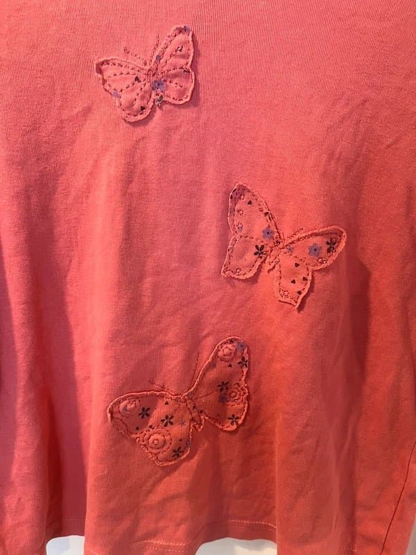 Vintage Dressing George coral pink butterfly embroidered print pattern appliqué patchwork scoop neck long sleeved top