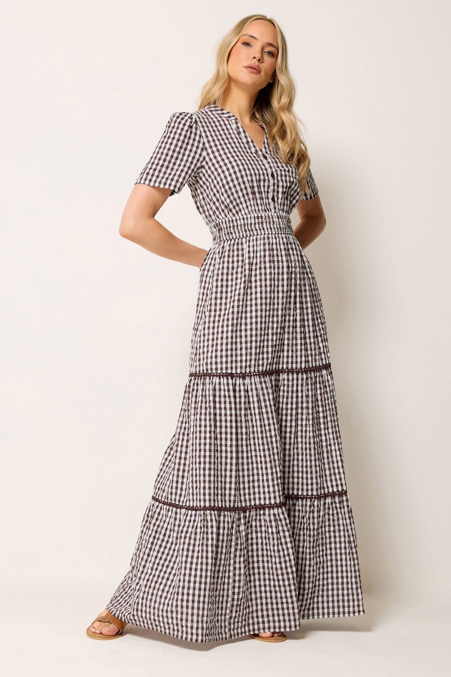Long Tall Sally Long Tall Sally Women's Tall Gingham Cotton Maxi Dress in Chocolate - 4