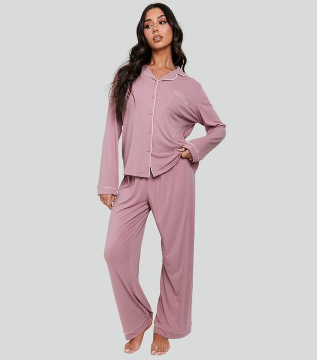 Loungeable Women's Pink Ribbed Shirt and Trousers Pyjama Set Loungeable New Look - 3