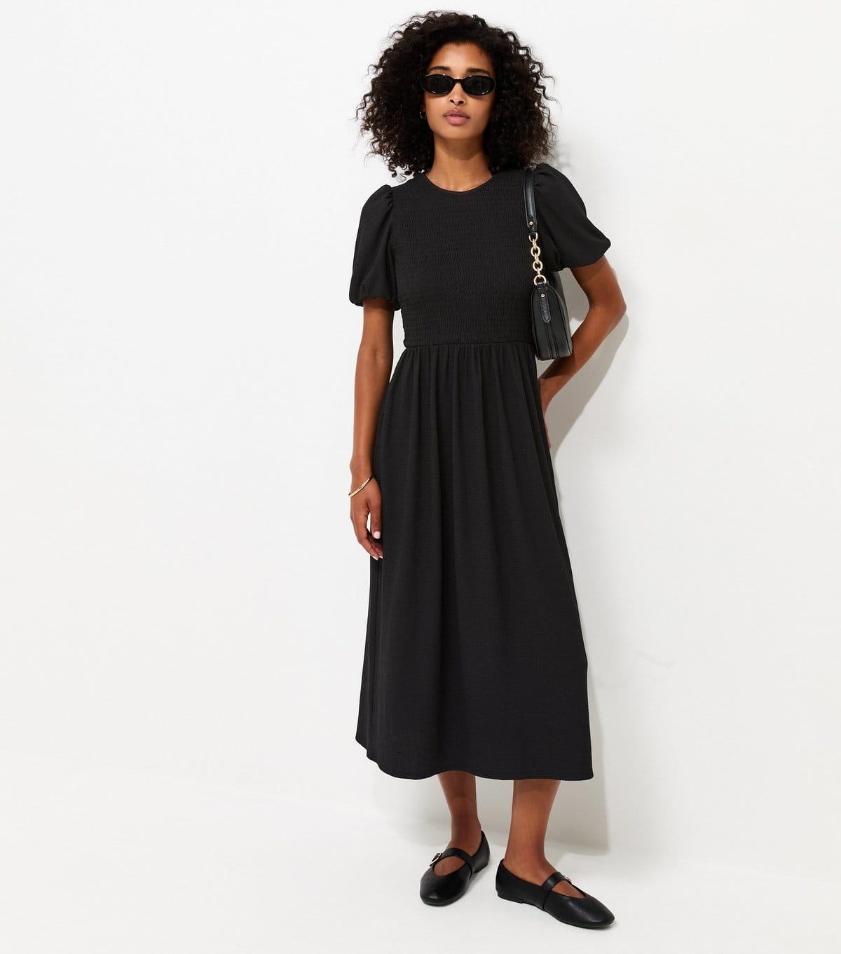 Women's Black Shirred Bodice Textured Midi Dress New Look