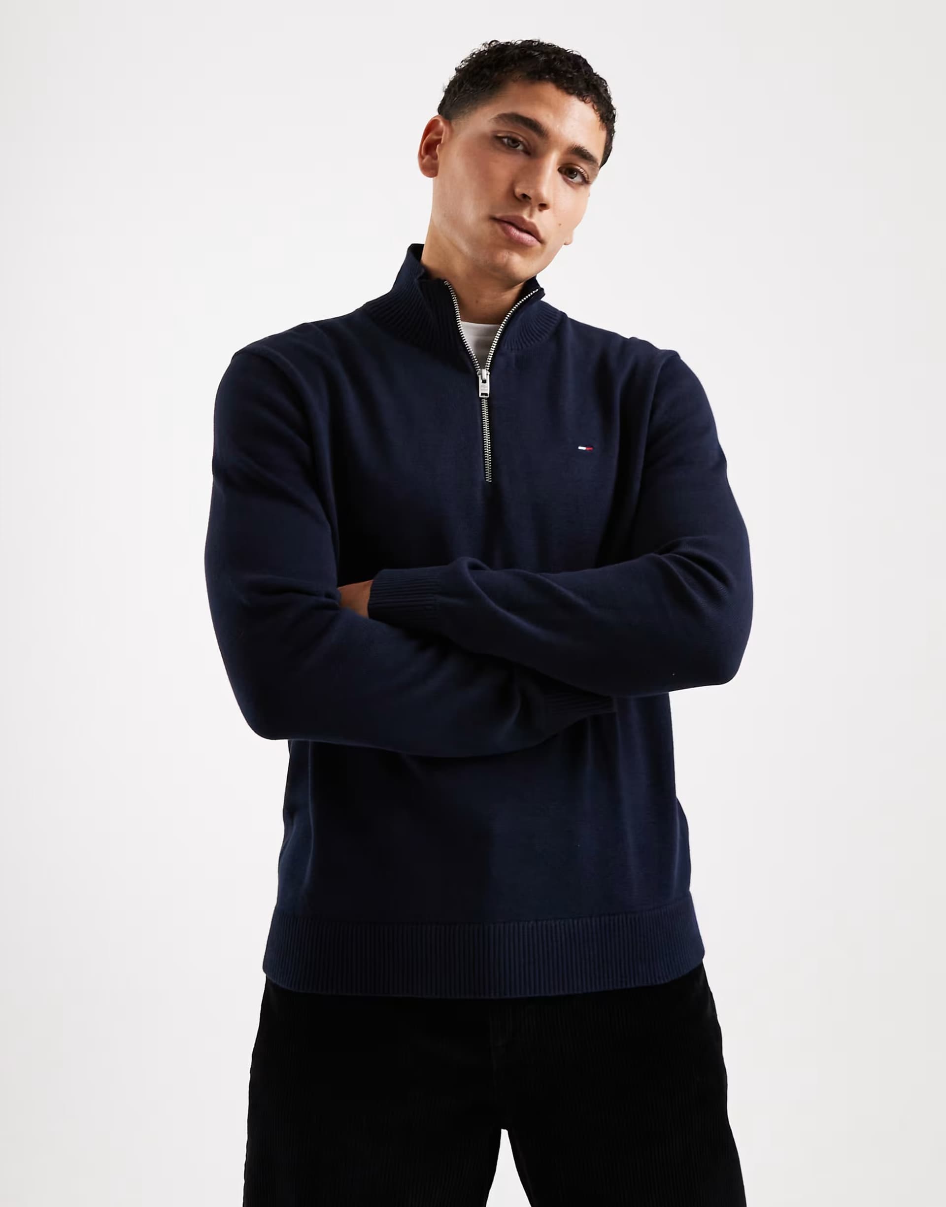 ASOS Tommy Jeans chest logo 1/4 zip jumper in navy