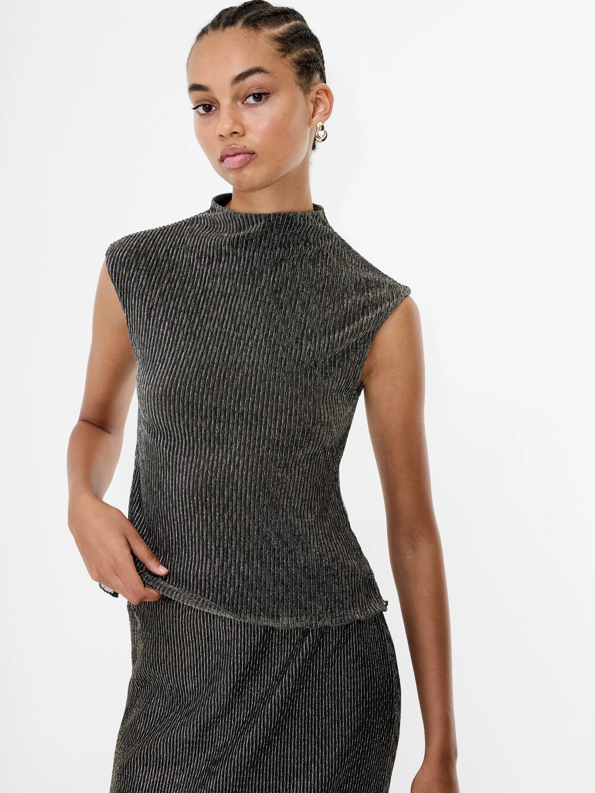 French Connection Tamy Lurex Plisse Sleeveless Top Black Gold