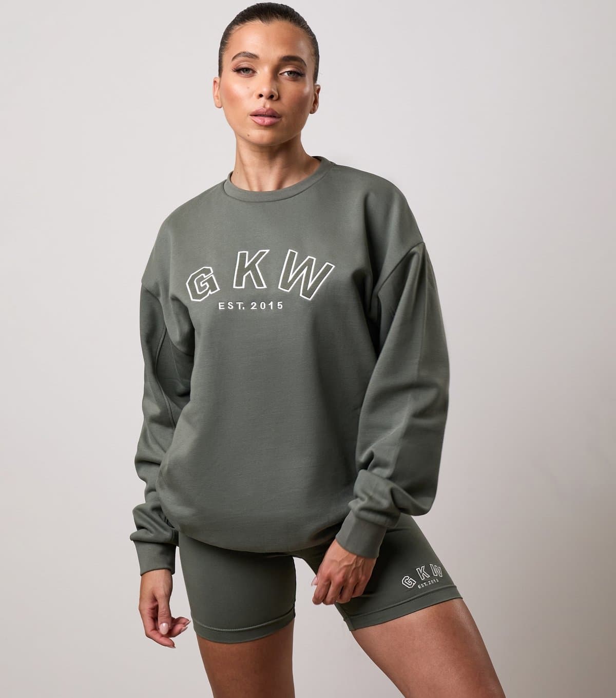 Gym King Women's Light Khaki Logo Embroidered Oversized Crew Neck Sweatshirt Gym King New Look