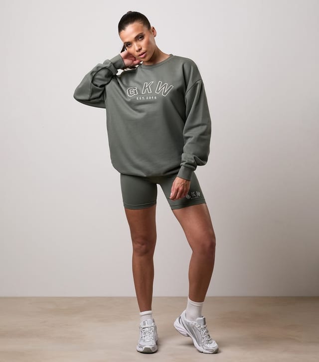 Gym King Women's Light Khaki Logo Embroidered Oversized Crew Neck Sweatshirt Gym King New Look - 2